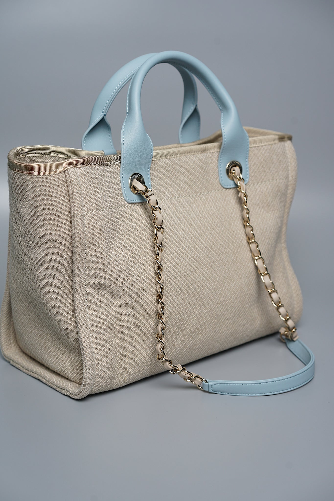 Chanel Mixed Fiber Small Deauville Tote in Beige/Baby Blue (Brand New)