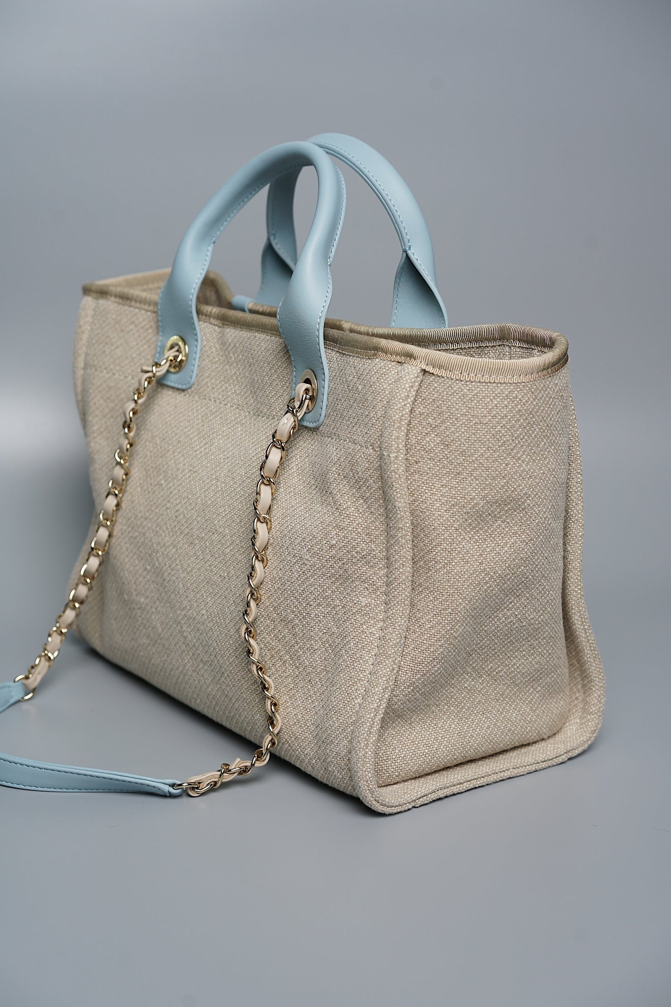 Chanel Mixed Fiber Small Deauville Tote in Beige/Baby Blue (Brand New)