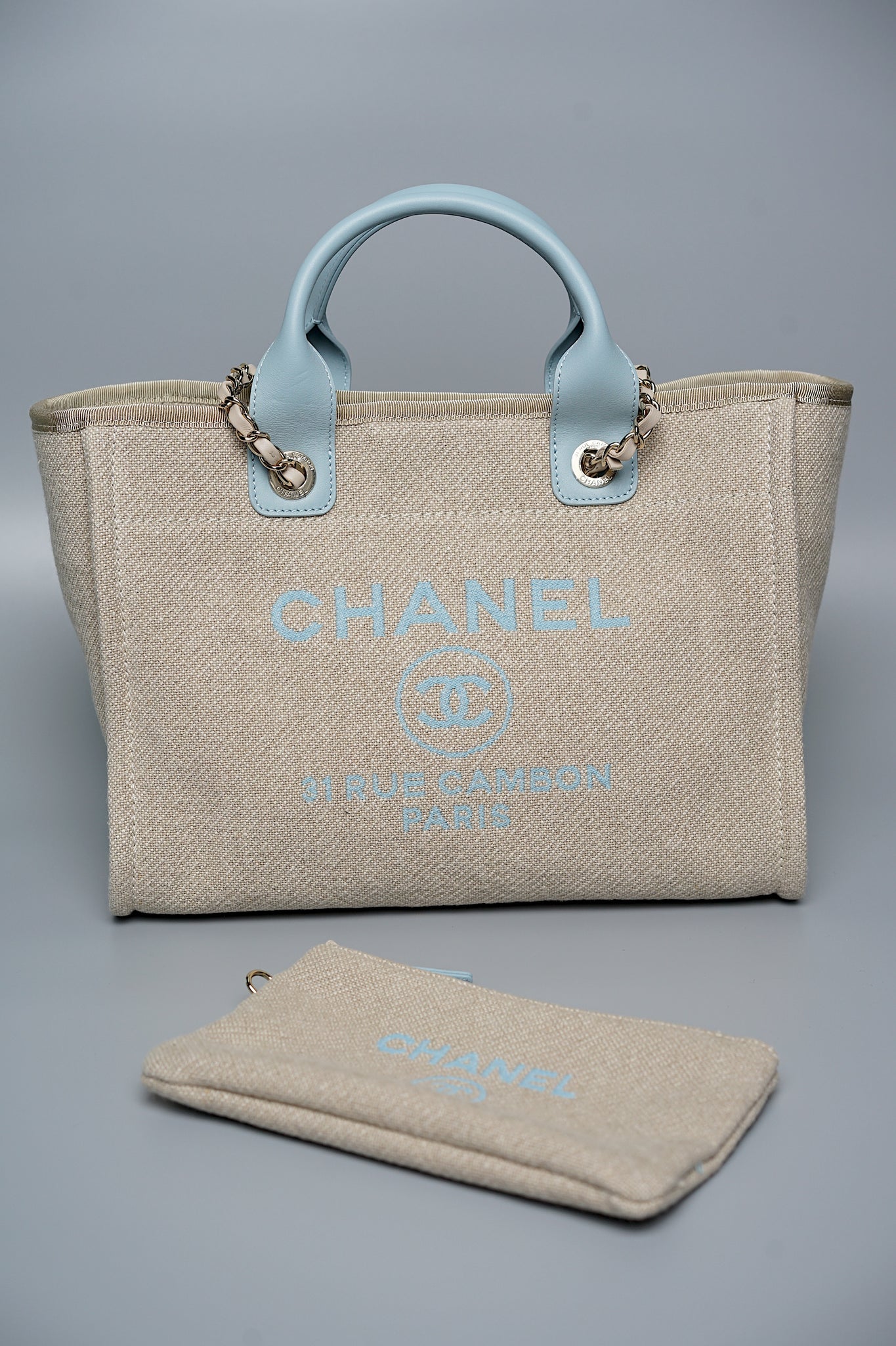Chanel Mixed Fiber Small Deauville Tote in Beige/Baby Blue (Brand New)