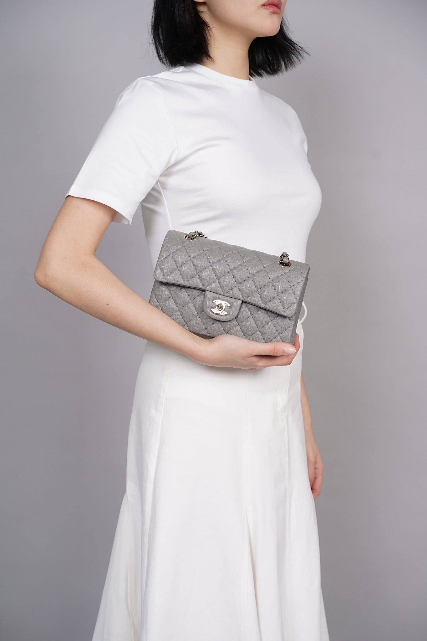 Chanel Small Classic Double Flap in Grey Caviar Ghw (Brand New)