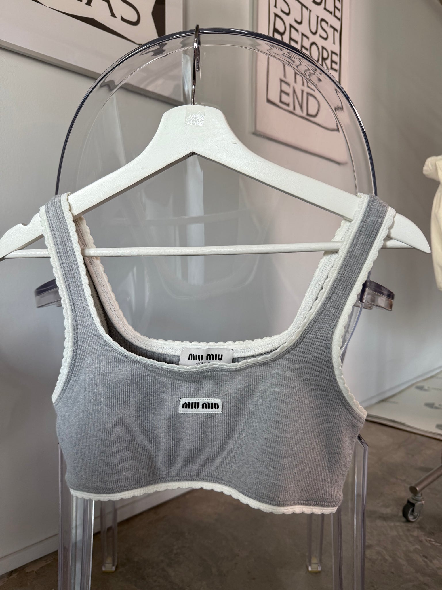 Miumiu Ribbed Knit Top in Grey Size XS
