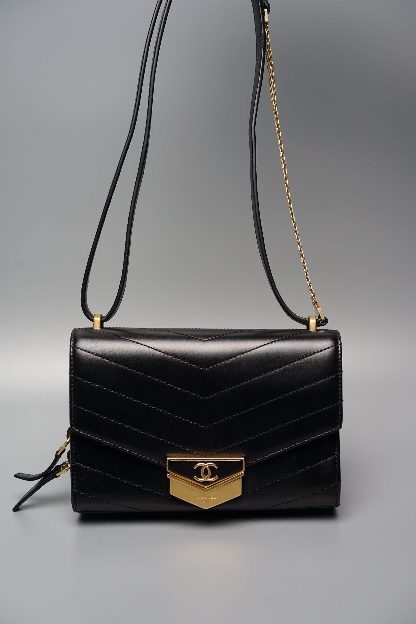 Chanel Chevron Flap Bag in Black Antique Gold