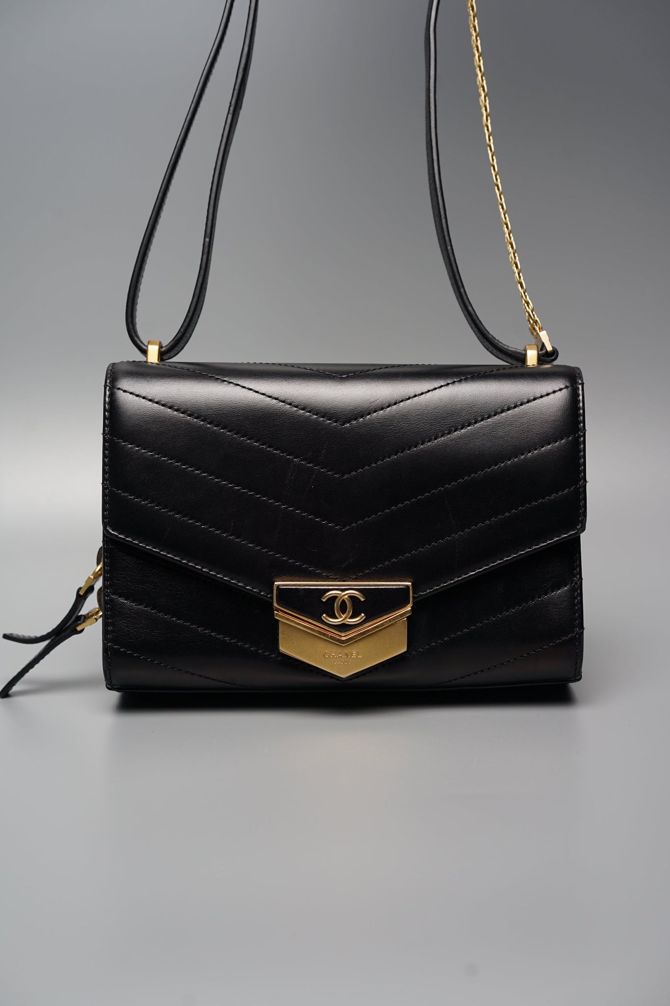 Chanel Chevron Flap Bag in Black Antique Gold