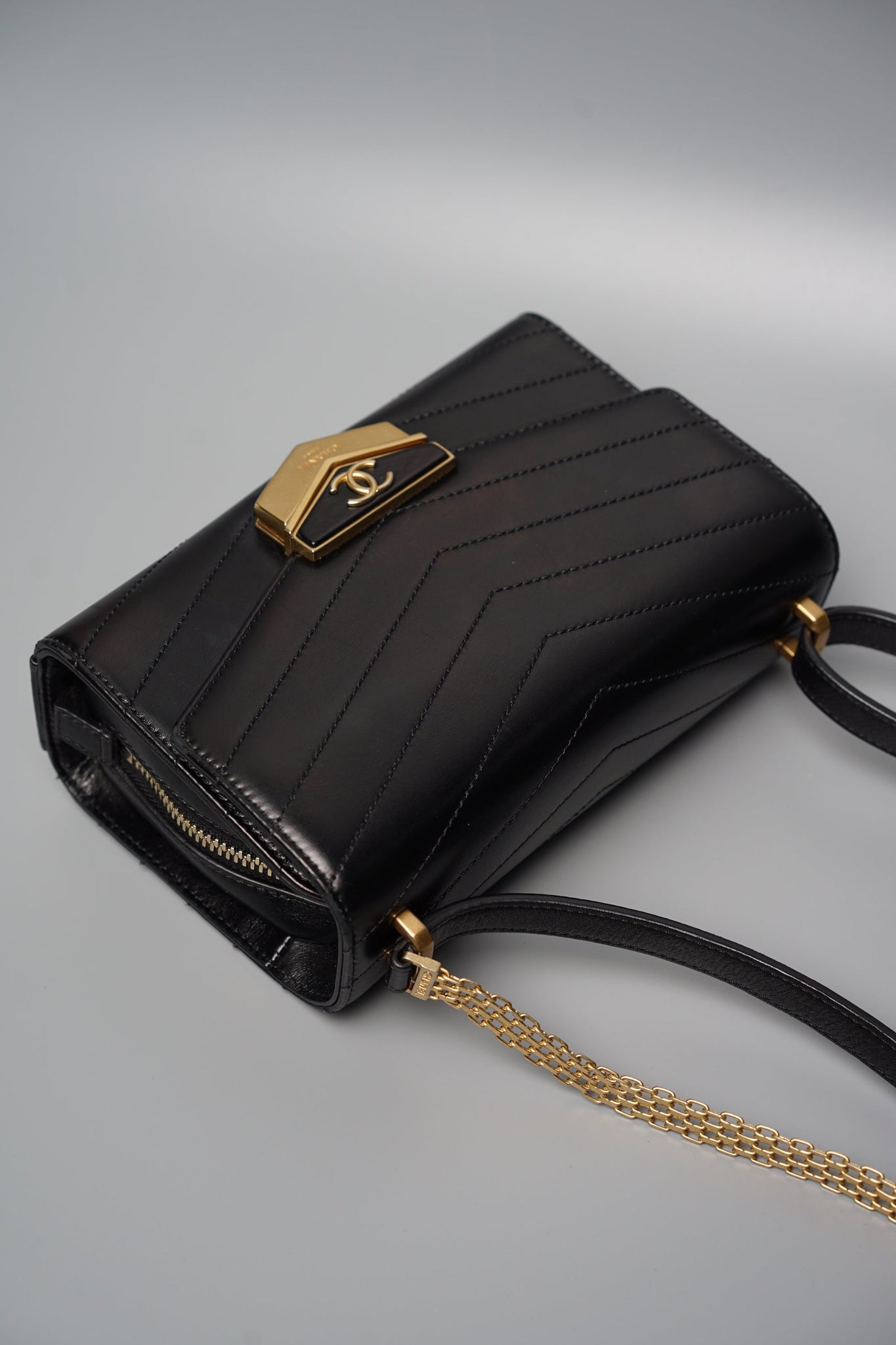Chanel Chevron Flap Bag in Black Antique Gold